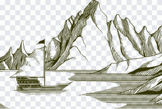 Drawing, Hand painted mountain sailboat PNG